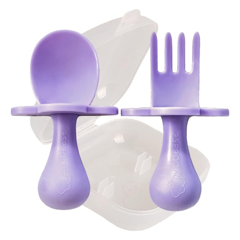Grabease Baby Feeding Utensil Set - Ergonomic Self-Feeding & Toddler Spoon & Fork - Sturdy Plastic Training Silverware for Toddlers - Travel Pouch & Silverware for 1-Year-Olds - Lavender, Pack of 1 - Image 1